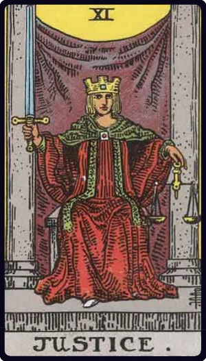Justice tarot card - Fairness, balance, karmic relationships