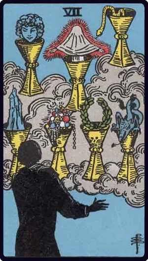 Seven of Cups tarot card - Visions, choices, spiritual possibilities