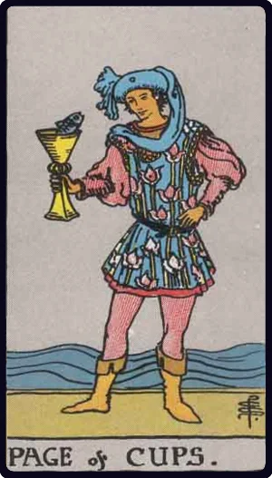 Page of Cups tarot card - Pregnancy news, conception, new emotional beginning