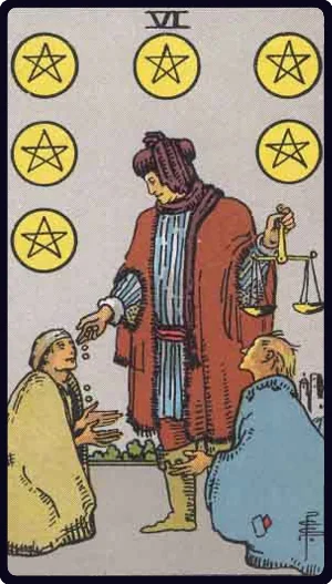 Six of Pentacles tarot card - Fair compensation, balanced exchange, generosity