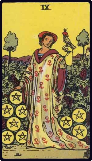 Nine of Pentacles tarot card - Financial independence, self-sufficiency, luxury earned